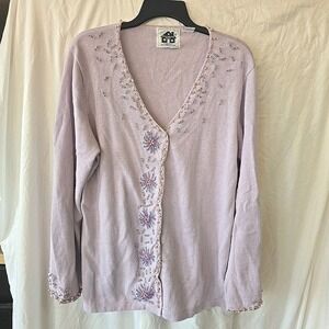 Storybook Knits Women's Cardigan Sweater Floral Beaded Purple Cottagecore 1X